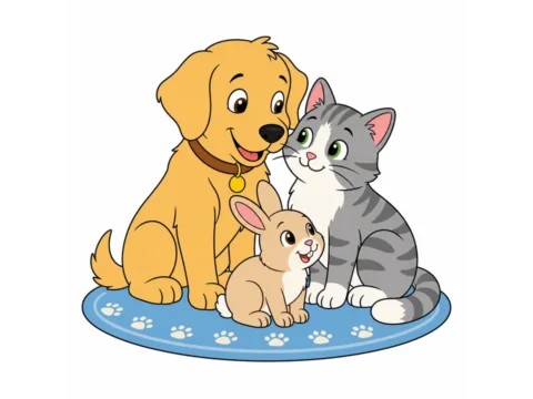 Cheerful dog, cat, and rabbit sitting together on a simple pet rug with clean outlines and flat colors.
