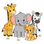 Friendly elephant, giraffe, zebra, and lion cub grouped in a crop-safe Safari and Savannah Animals illustration with simple grass tufts on a white background.