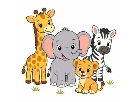 Friendly elephant, giraffe, zebra, and lion cub grouped in a crop-safe Safari and Savannah Animals illustration with simple grass tufts on a white background.