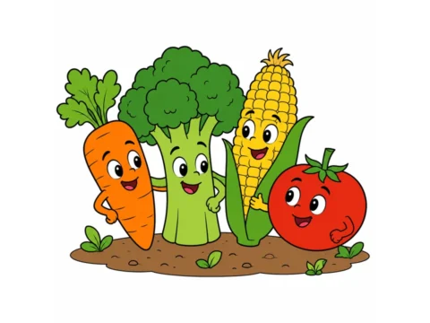 Cheerful carrot, broccoli, corn cob, and tomato standing together on a simple garden patch with friendly expressions.
