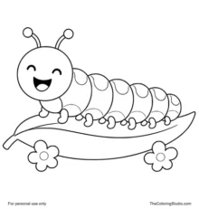 Curious caterpillar with rounded segments crawling on a simple green leaf on a white background.