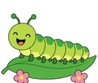 Curious caterpillar with rounded segments crawling on a simple green leaf on a white background.