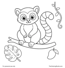 cute lemur sitting on a jungle branch with tropical leaves vine and fruit