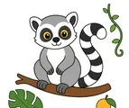 cute lemur sitting on a jungle branch with tropical leaves vine and fruit