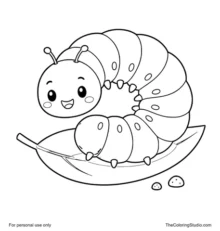 Gentle larva with a rounded segmented body resting on a simple green leaf on a white background.