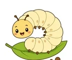 Gentle larva with a rounded segmented body resting on a simple green leaf on a white background.