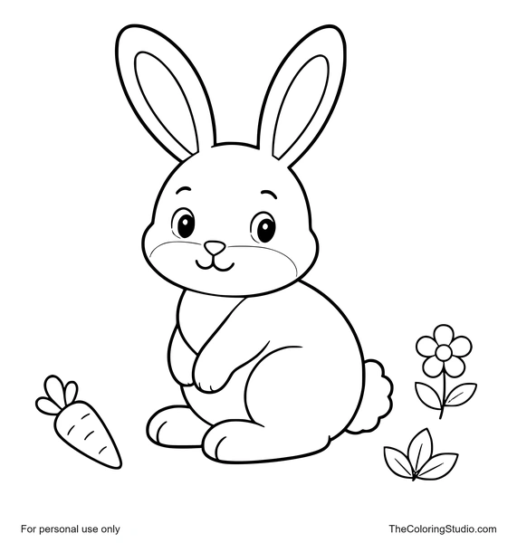 cute rabbit sitting near forest flowers leaves and berries