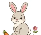 cute rabbit sitting near forest flowers leaves and berries