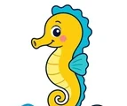 friendly seahorse floating with a water ripple and pebble