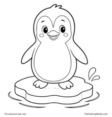 cute penguin standing on a small ice patch with water ripple and splash