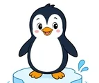 cute penguin standing on a small ice patch with water ripple and splash