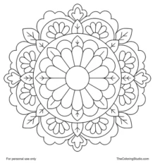 Daisy mandala with broad cream petals, yellow center, green leaves, and flat decorative rings on white background.