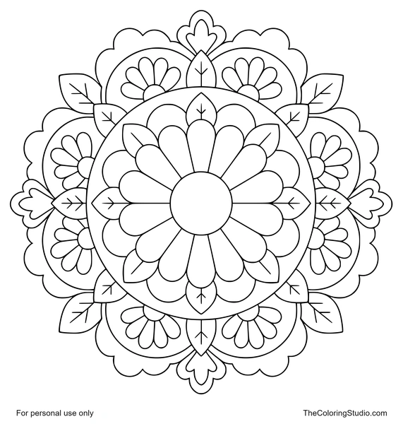 Daisy mandala with broad cream petals, yellow center, green leaves, and flat decorative rings on white background.