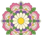 Daisy mandala with broad cream petals, yellow center, green leaves, and flat decorative rings on white background.