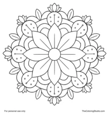 Cactus flower mandala with pointed pink petals, green decorative shapes, and flat rings on a white background.