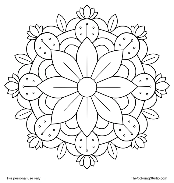 Cactus flower mandala with pointed pink petals, green decorative shapes, and flat rings on a white background.