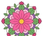 Cactus flower mandala with pointed pink petals, green decorative shapes, and flat rings on a white background.