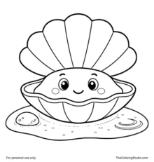 friendly clam resting on a smooth sand mound with simple ocean accents