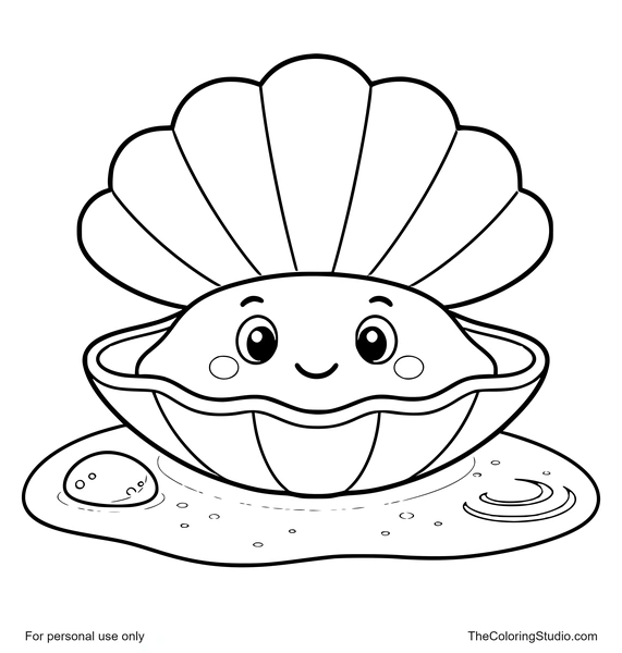 friendly clam resting on a smooth sand mound with simple ocean accents