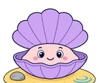 friendly clam resting on a smooth sand mound with simple ocean accents