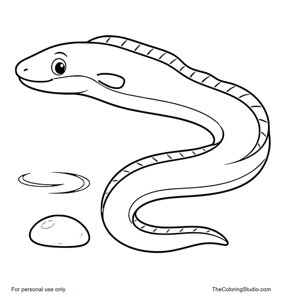 friendly eel swimming in a gentle curve with a water ripple and pebble