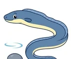 friendly eel swimming in a gentle curve with a water ripple and pebble