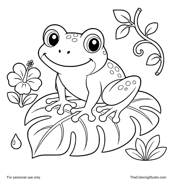 friendly frog sitting on a tropical leaf with a small flower and vine