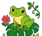 friendly frog sitting on a tropical leaf with a small flower and vine