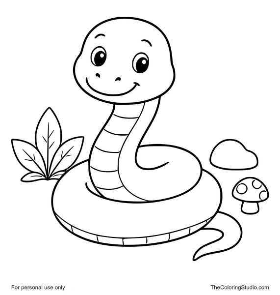smiling forest snake curled beside leaves rock and mushroom