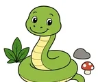 smiling forest snake curled beside leaves rock and mushroom