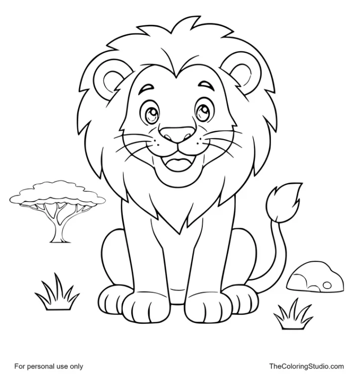 friendly lion sitting in a simple savannah scene