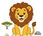 friendly lion sitting in a simple savannah scene