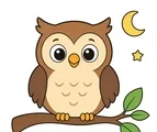 friendly owl perched on a simple branch with moon and star details