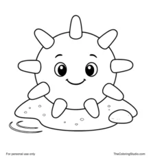 friendly sea urchin resting on a smooth sand mound with simple ocean accents