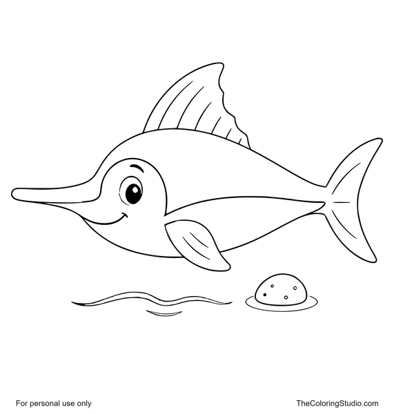 friendly swordfish swimming with a simple ocean ripple and pebble
