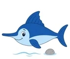 friendly swordfish swimming with a simple ocean ripple and pebble