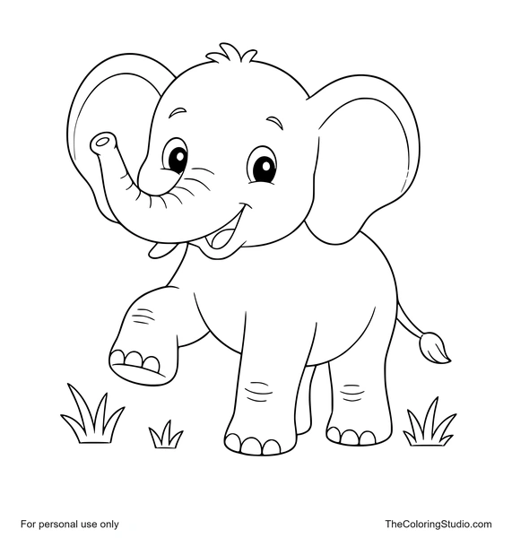 A friendly young elephant standing with rounded ears, a curved trunk, and small savannah grass tufts on a white background.