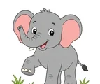 A friendly young elephant standing with rounded ears, a curved trunk, and small savannah grass tufts on a white background.