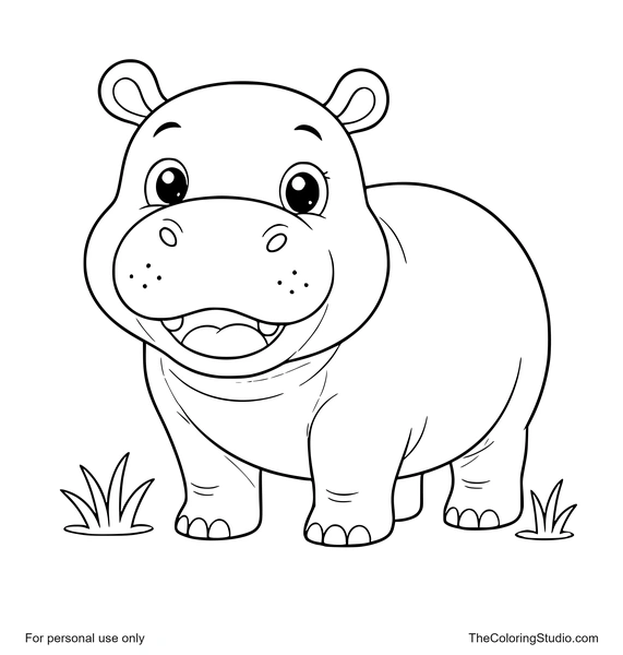 Friendly young hippopotamus with a happy face, rounded body, and small savannah grass tufts on a white background.