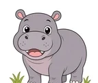 Friendly young hippopotamus with a happy face, rounded body, and small savannah grass tufts on a white background.