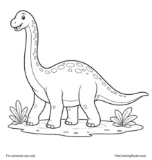 Gentle apatosaurus with a long neck, rounded body, sturdy legs, long tail, simple prehistoric ground patch, and two small leafy plants on a white background.