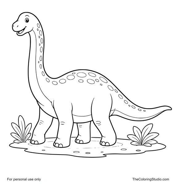 Gentle apatosaurus with a long neck, rounded body, sturdy legs, long tail, simple prehistoric ground patch, and two small leafy plants on a white background.