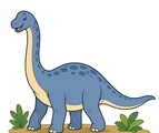Gentle apatosaurus with a long neck, rounded body, sturdy legs, long tail, simple prehistoric ground patch, and two small leafy plants on a white background.