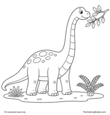 Gentle brachiosaurus with a long curved neck, friendly face, small leafy branch, and simple prehistoric ground patch on a white background.