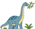 Gentle brachiosaurus with a long curved neck, friendly face, small leafy branch, and simple prehistoric ground patch on a white background.