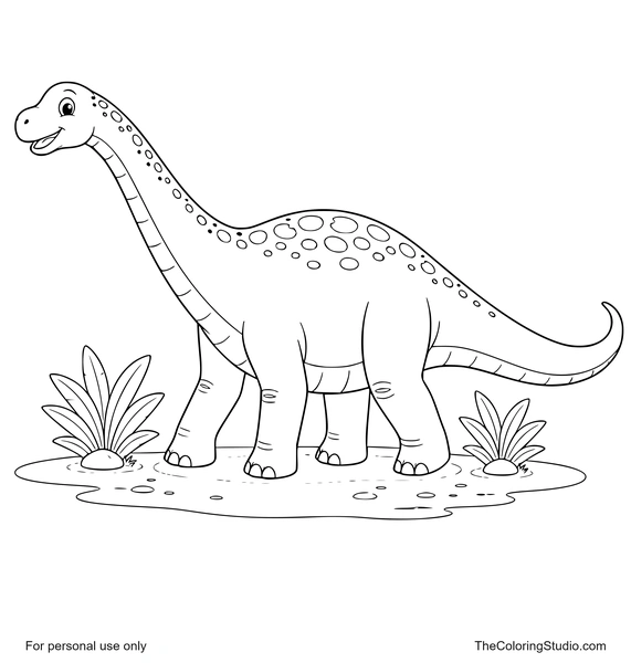 Gentle diplodocus with a long neck and long tail walking on a simple prehistoric ground patch with two small plants on a white background.