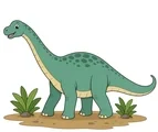 Gentle diplodocus with a long neck and long tail walking on a simple prehistoric ground patch with two small plants on a white background.