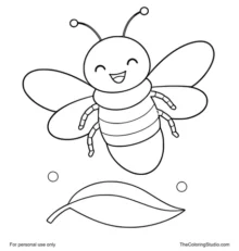 Gentle firefly with simple wings hovering above a curved green leaf on a white background.