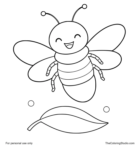 Gentle firefly with simple wings hovering above a curved green leaf on a white background.