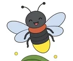 Gentle firefly with simple wings hovering above a curved green leaf on a white background.